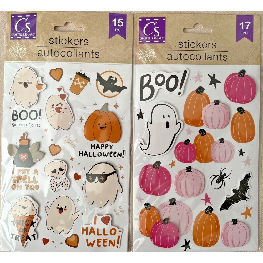 2 Pack Crafter's Square Pink Pumpkin Coffee‎ Boo Ghost Halloween Stickers